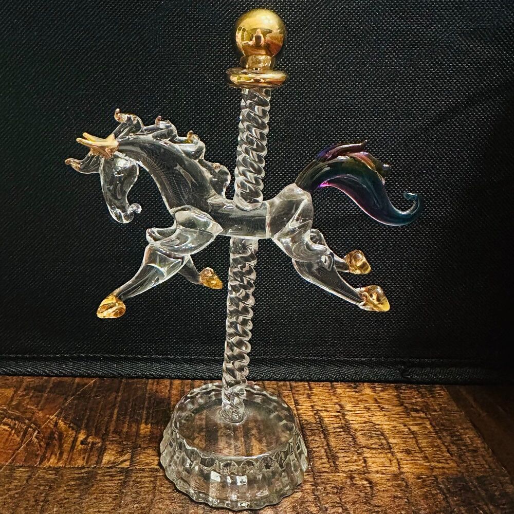 Glass Carousel Horse Figurine Gold Trim Rainbow Tail